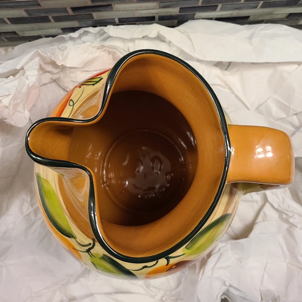Crate & Barrel Hand Painted Fall Fruit Sienna Pitcher